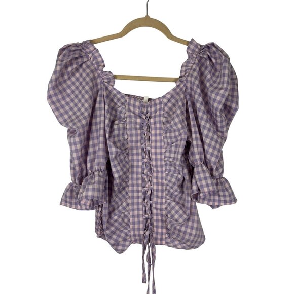 Pastel Tops - Pastel M Purple Pink Gingham Puff Sleeve Lace-Up Corset Blouse Coquette Top